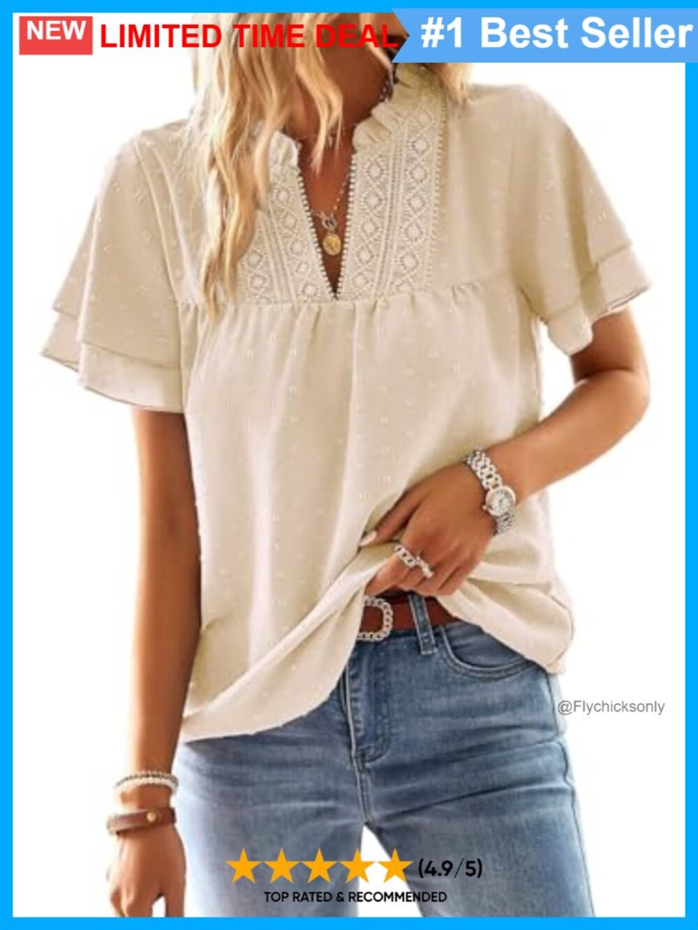 V-Neck Crochet Lace Swiss Dot Tunic Top Short Sleeve Blouse